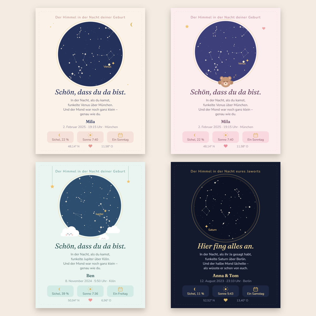 Himmelsposter-Designs für Geburt, Hochzeit und besondere Momente