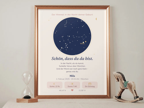 Personalisiertes Himmelsposter im Eichenrahmen an der Wand